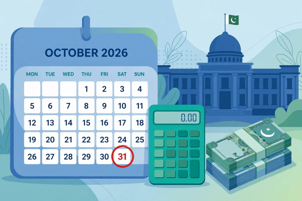 FBR extends income tax return filing deadline to 31 October 2026 — calendar, calculator and Pakistani rupee notes